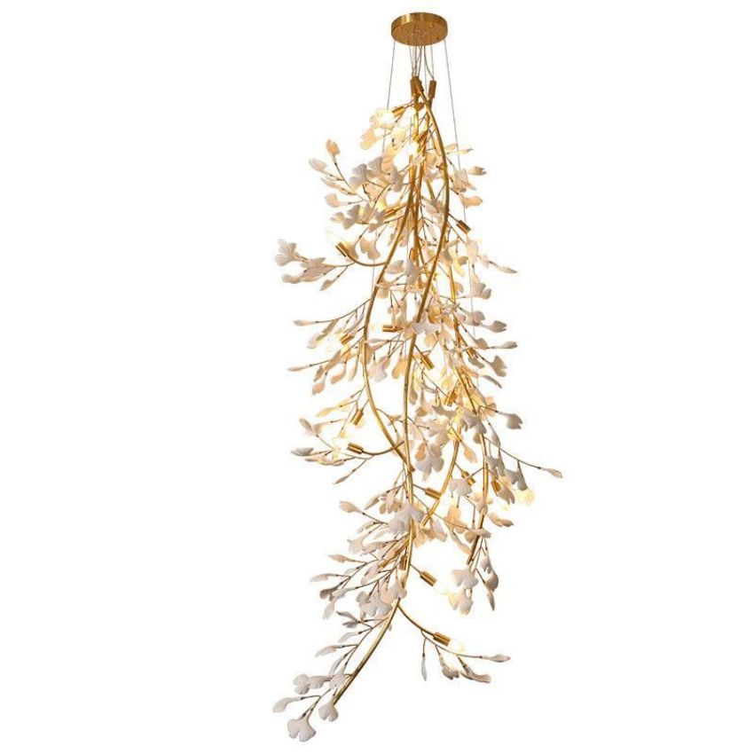 Gingko Porcelain Petal Staircase Branch Chandelier - Yami Lightings