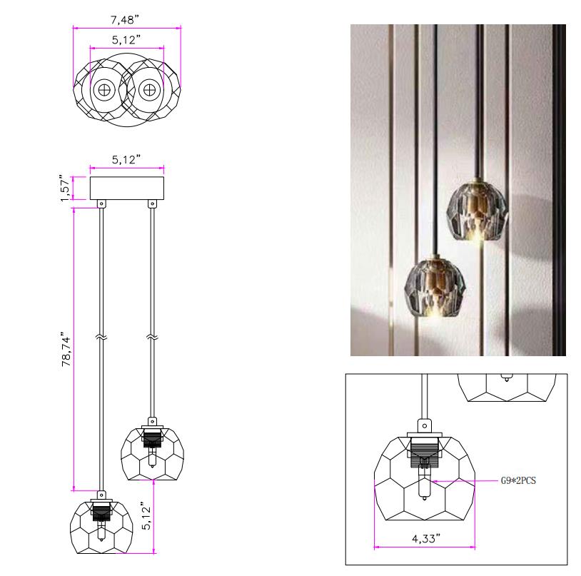 Belle De Crystal 2 Lights Pendant - Yami Lightings