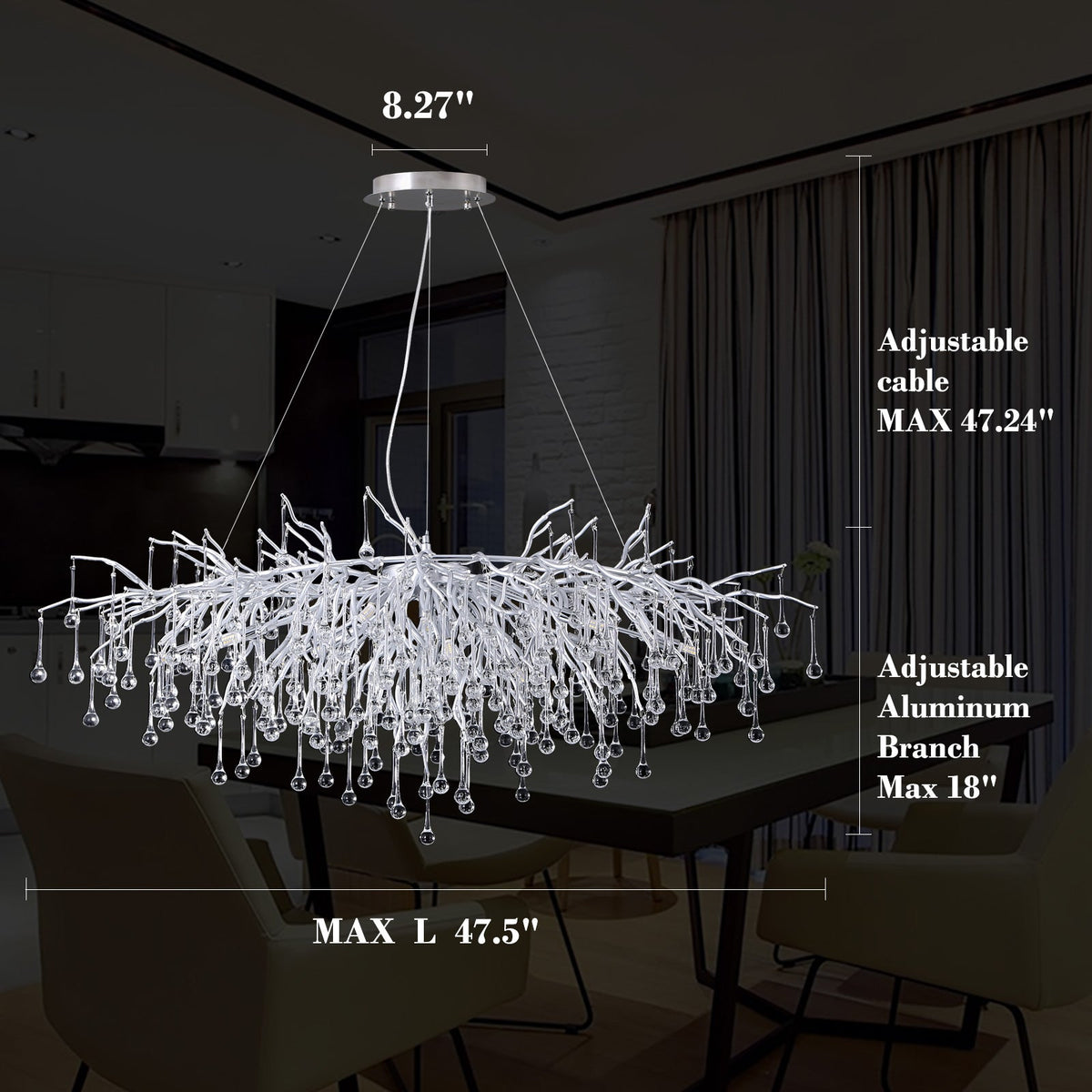 Doris Tree Branch Rectangle Chandelier Silver L45" - Yami Lightings