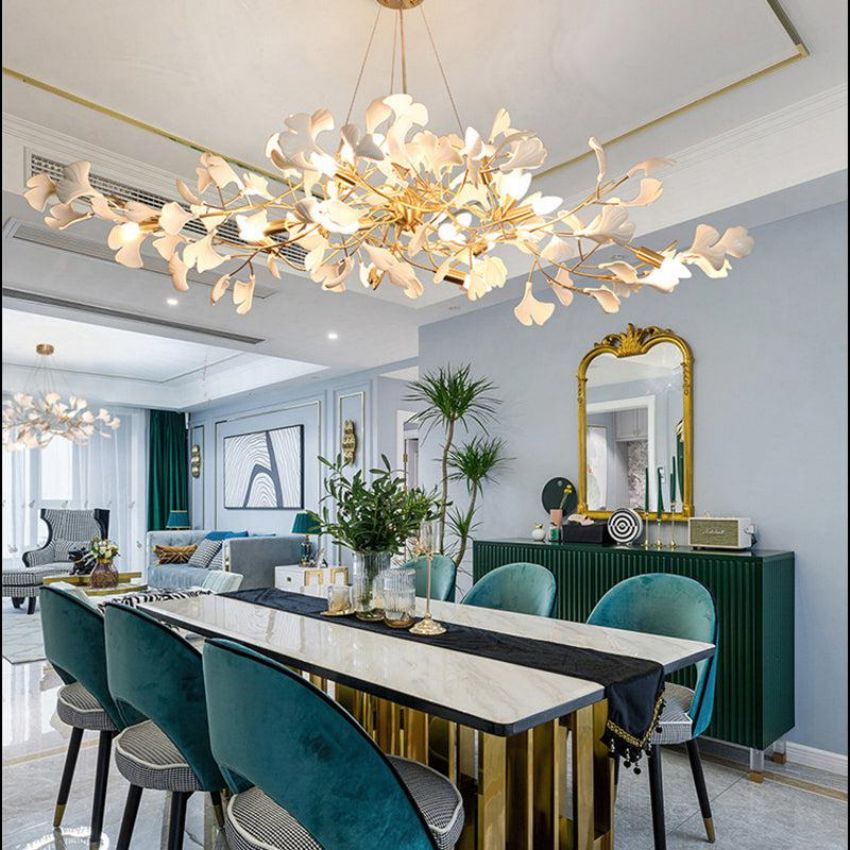 Gingko Porcelain Petal Brass Branch Chandelier - Yami Lightings