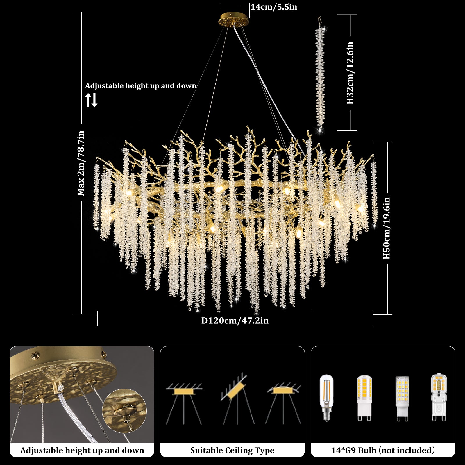 Snow Tree Branch Gold/Silver Chandelier 47''