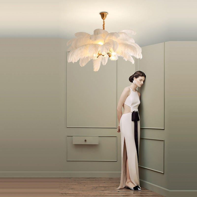 Elva Art Deco Colorized Feather Chandelier Brass Palm Tree Lamp - Yami Lightings