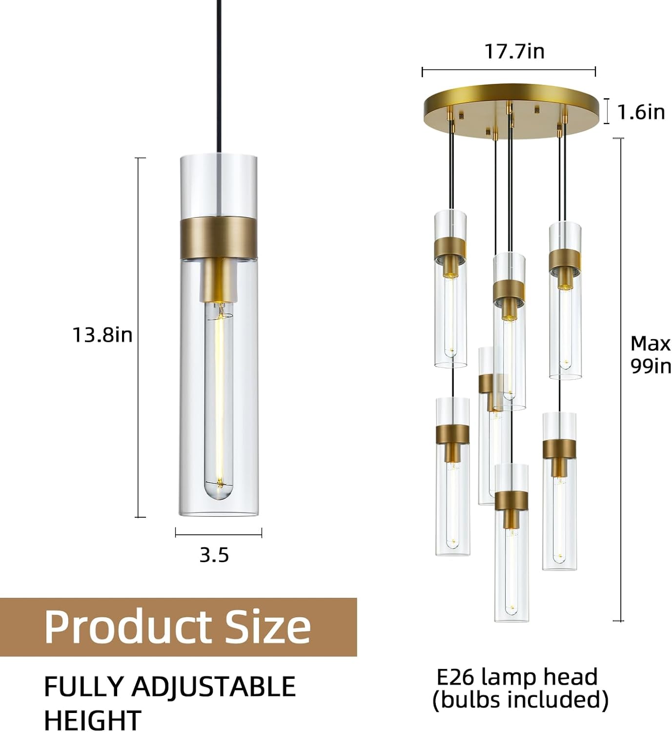 Glass Tube Brass Pendant Lights 1 Light/7 Lights