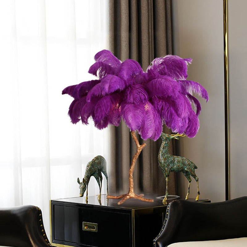 Elva Ostrich Feather Table Lamp Brass Palm Tree Lamp - Yami Lightings
