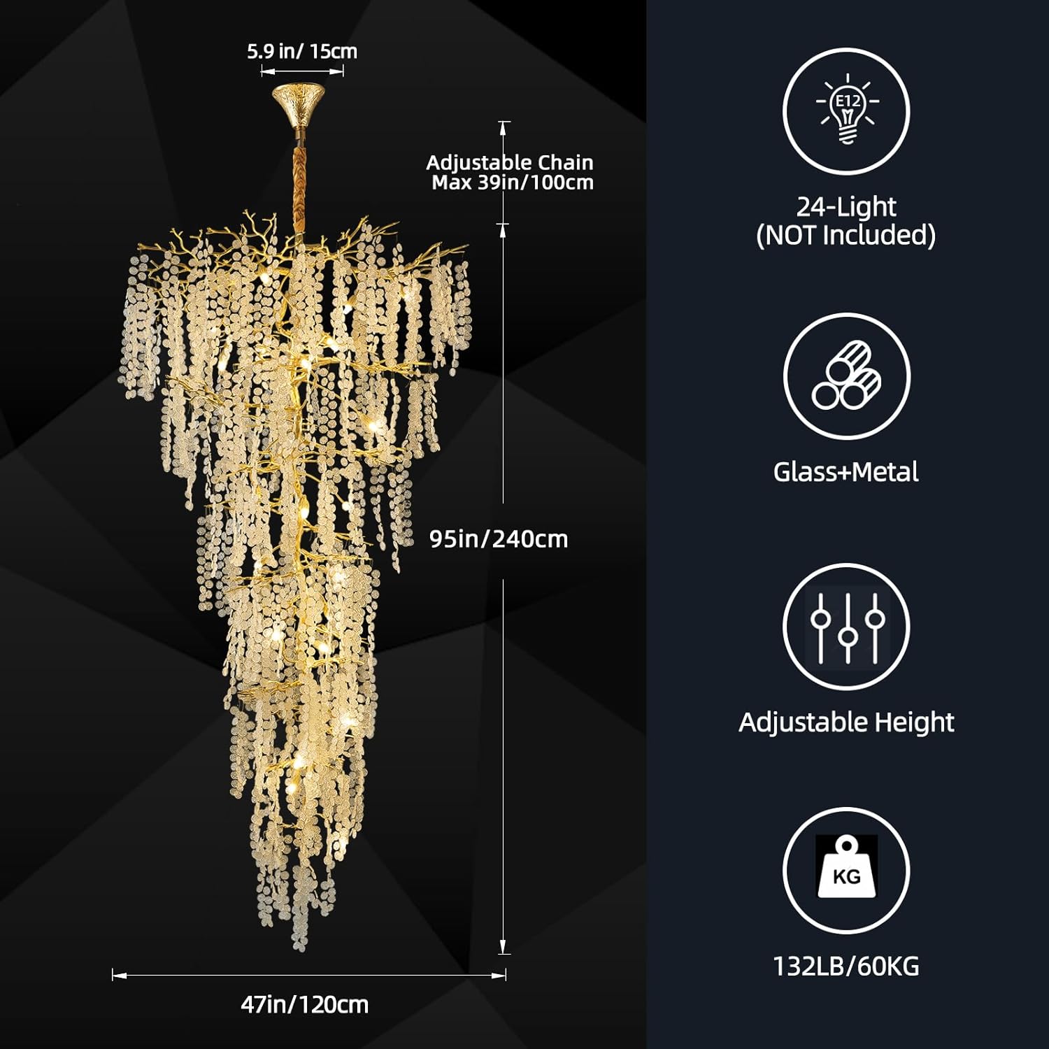 Coin Type Modern Crystal Tree Branch Staircase Chandelier 95"