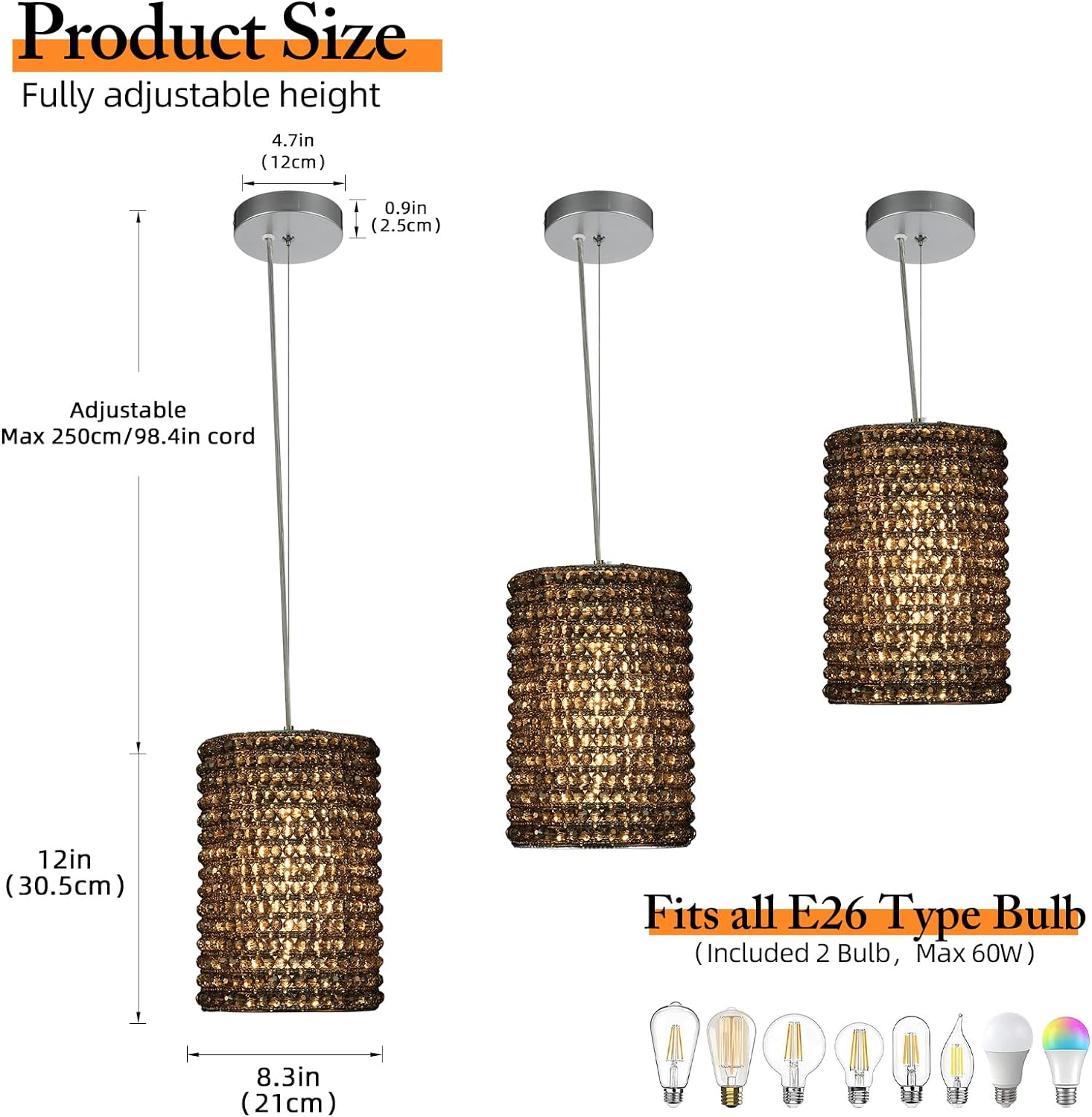 Grey/Clear K9 Crystal Beads Pendant Lights 12"
