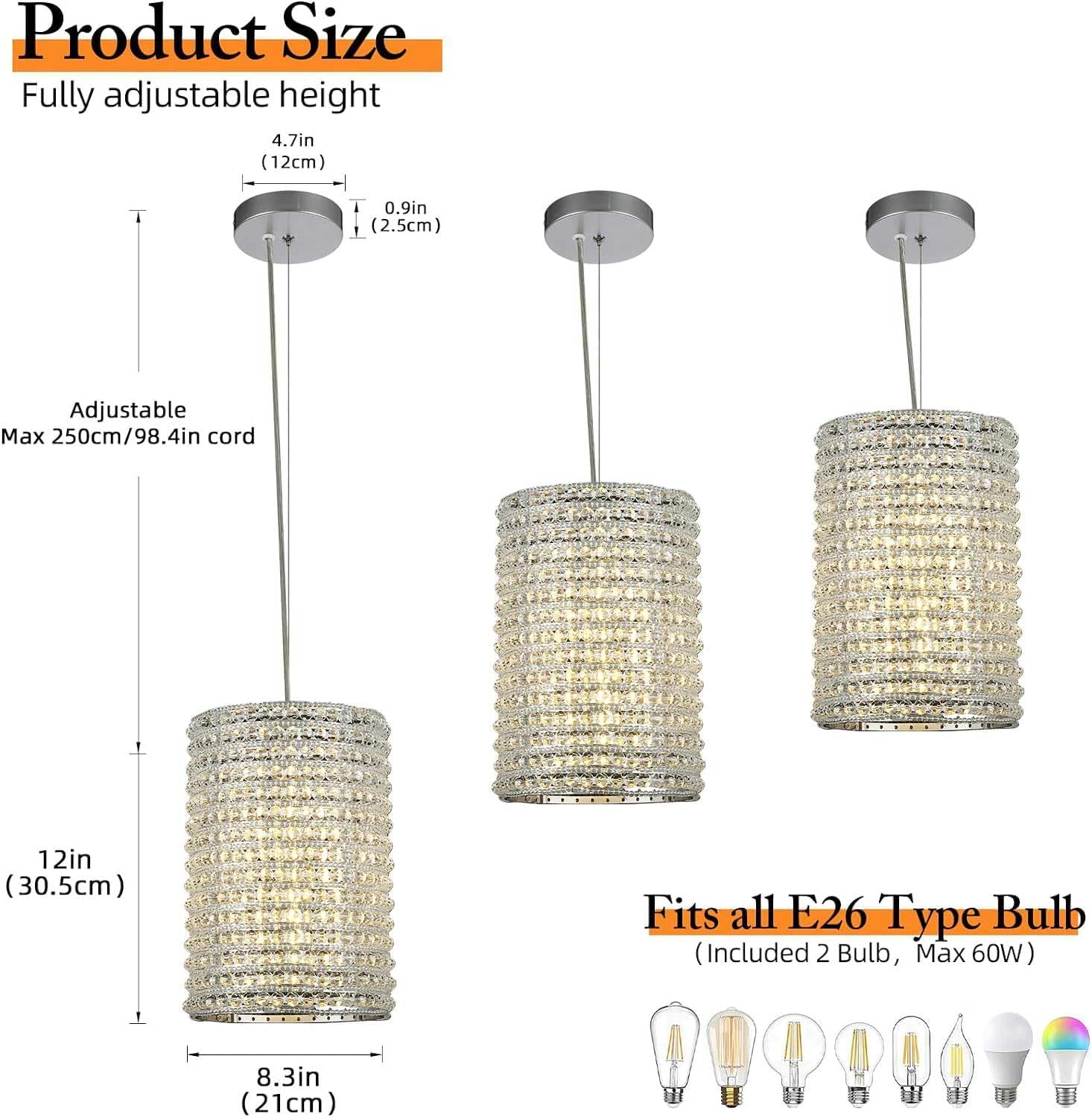 Grey/Clear K9 Crystal Beads Pendant Lights 12"