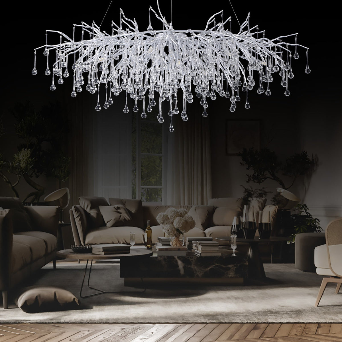 Doris Tree Branch Rectangle Chandelier Silver L45" - Yami Lightings
