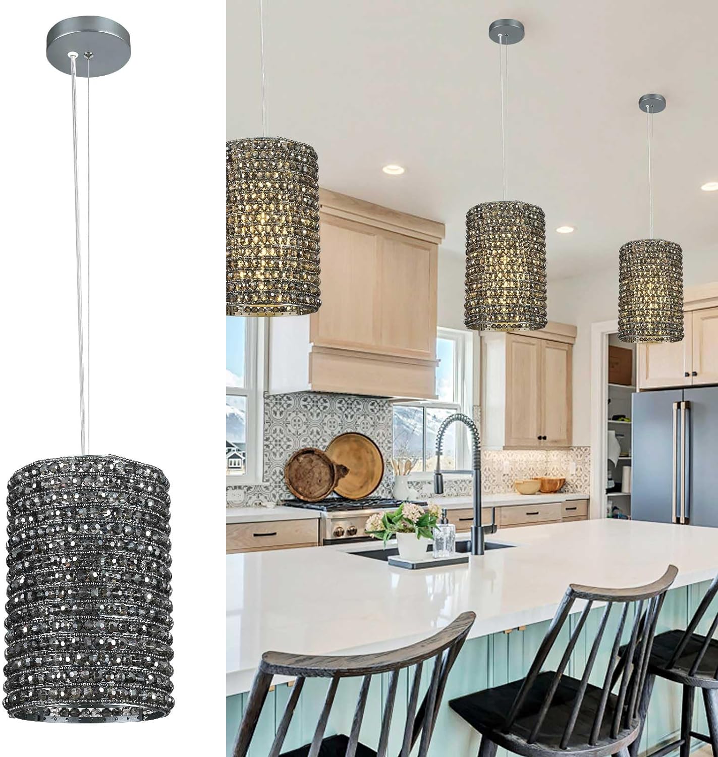 Grey/Clear K9 Crystal Beads Pendant Lights 12"