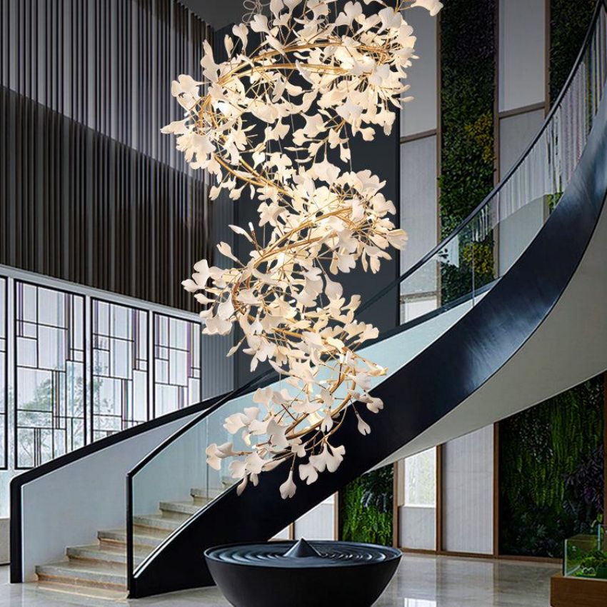 Gingko Porcelain Petal Staircase Branch Chandelier - Yami Lightings