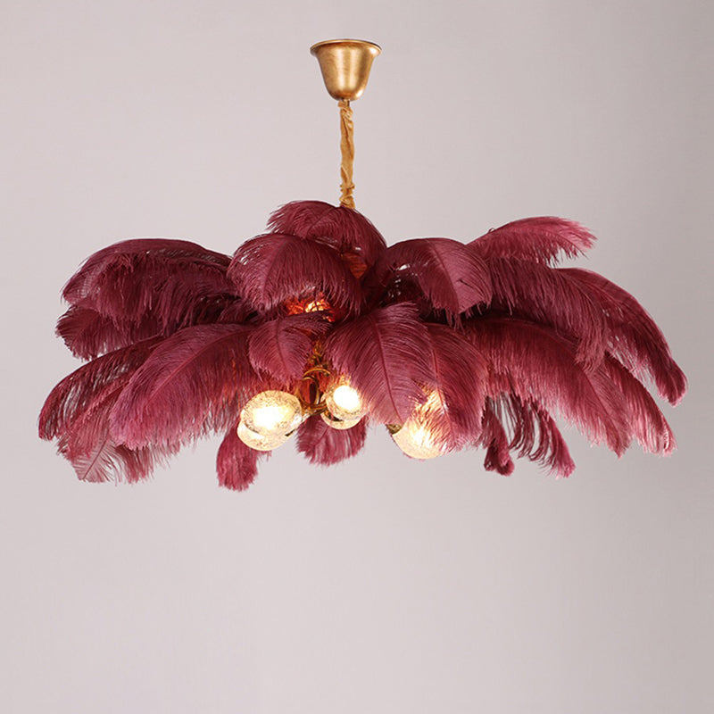 Elva Art Deco Colorized Feather Chandelier Brass Palm Tree Lamp - Yami Lightings