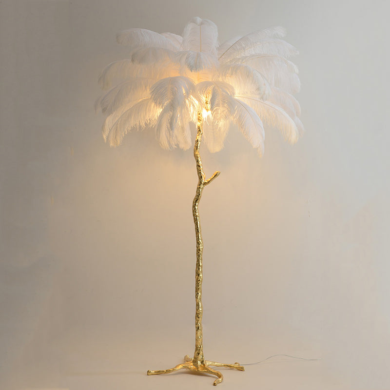 Elva Nordic Ostrich Feather Floor Lamp Brass Lighting - Yami Lightings