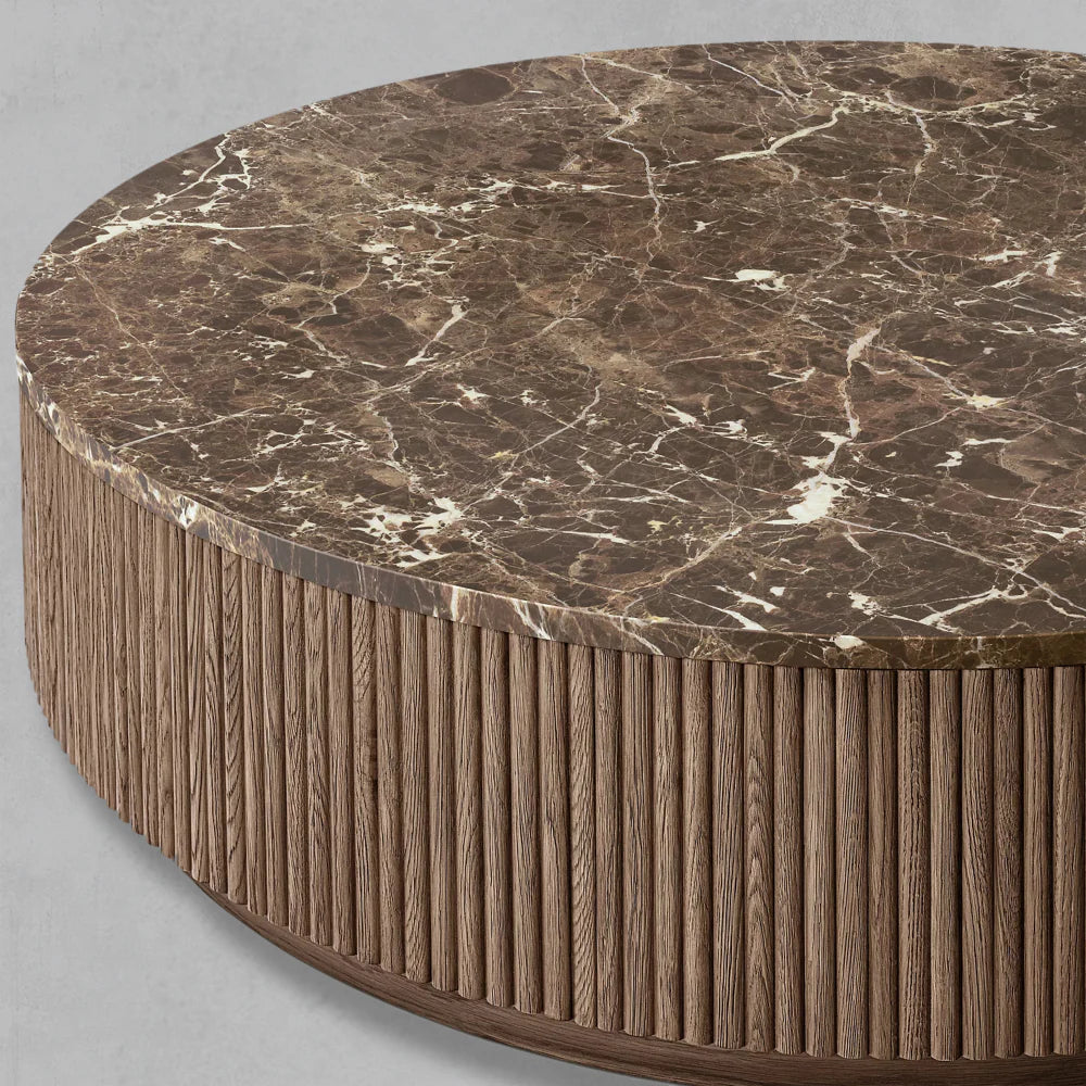 Mulholland Oak Wood & Stone Round Coffee Table