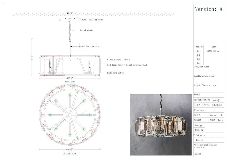Customized Faceted Crystal Glass Round Chandelier D31"