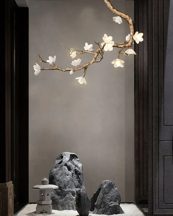 Magnolia Branch & Brass Floral Chandelier
