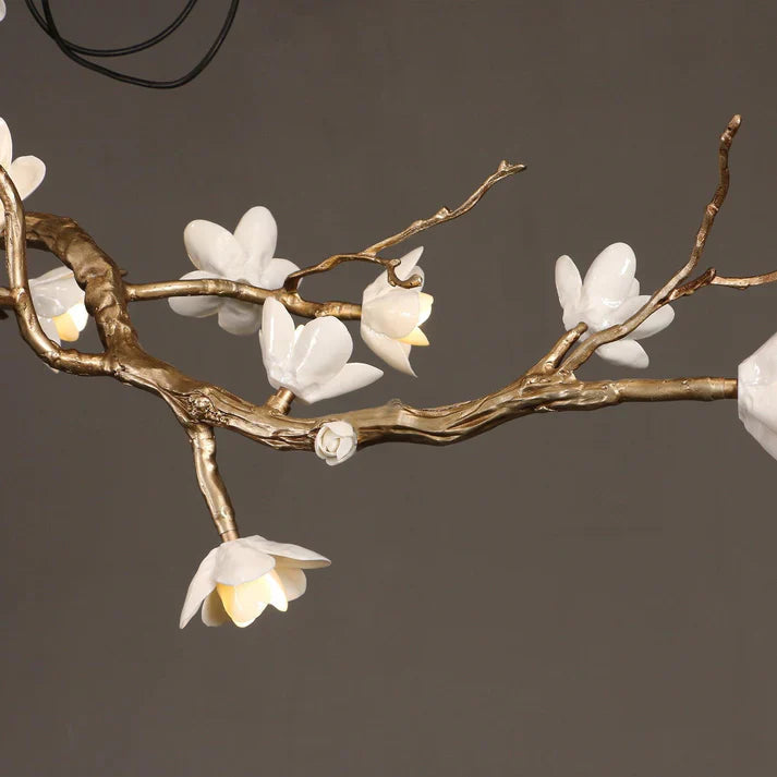 Magnolia Branch & Brass Floral Chandelier