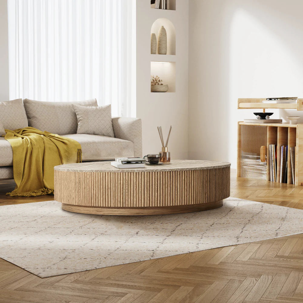 Mulholland Oak Wood & Stone Round Coffee Table