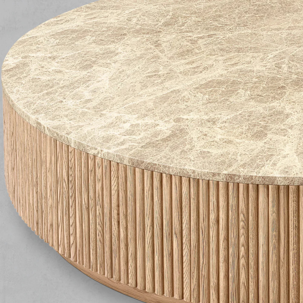 Mulholland Oak Wood & Stone Round Coffee Table