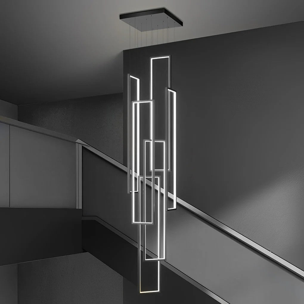Rectangular Frame Aluminum LED Black Nordic Duplex Stair Chandelier