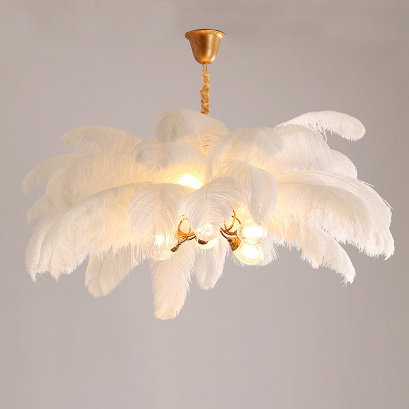 Elva Art Deco Colorized Feather Chandelier Brass Palm Tree Lamp - Yami Lightings