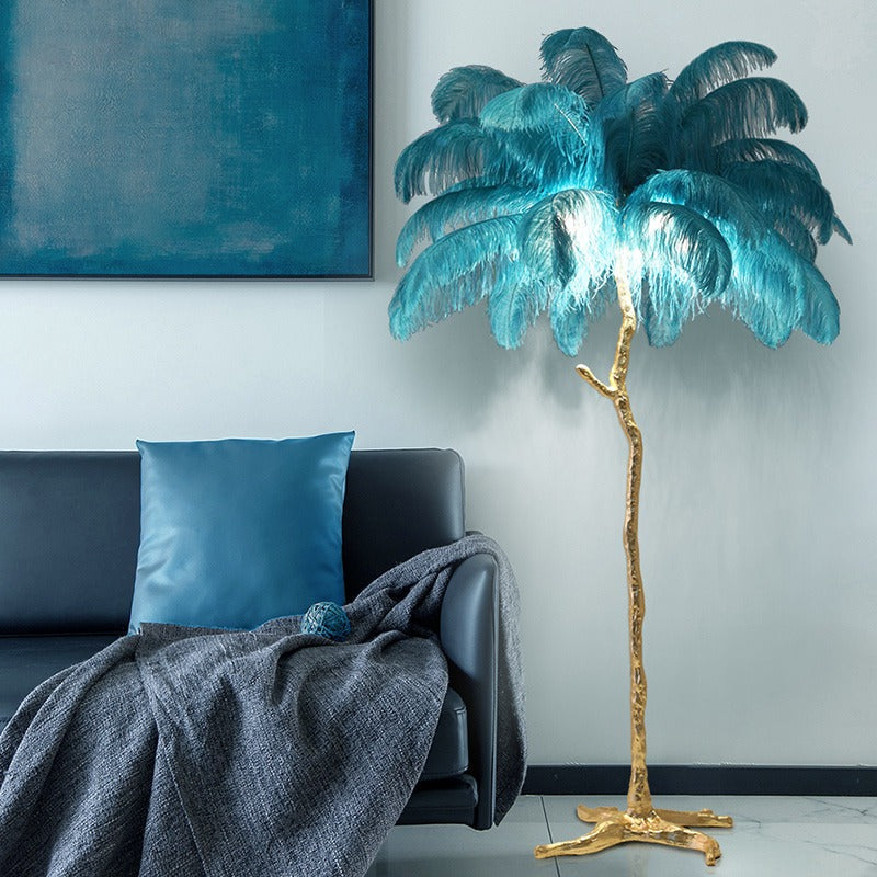 Elva Nordic Ostrich Feather Floor Lamp Brass Lighting - Yami Lightings