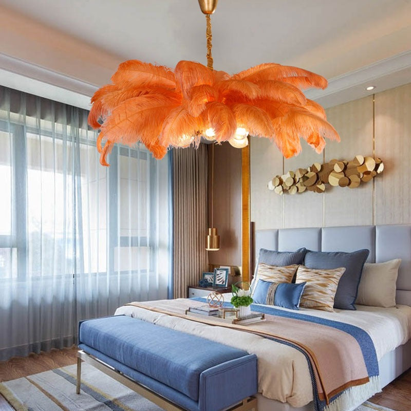 Elva Art Deco Colorized Feather Chandelier Brass Palm Tree Lamp - Yami Lightings