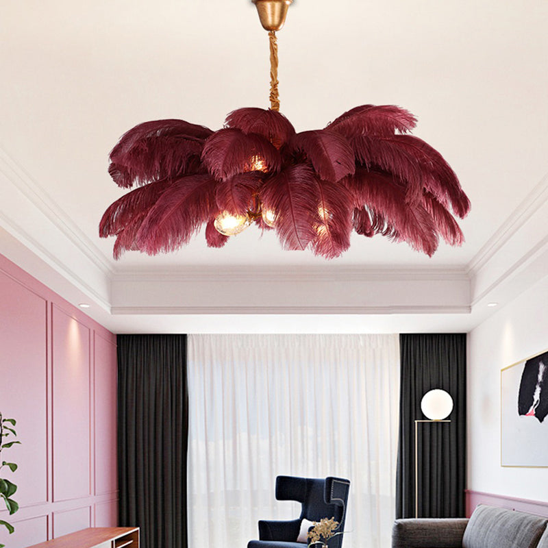 Elva Art Deco Colorized Feather Chandelier Brass Palm Tree Lamp - Yami Lightings